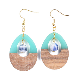 Pendientes colgantes de resina y madera., con ganchos para pendientes de latón y cuentas redondas de sodalita natural, gota