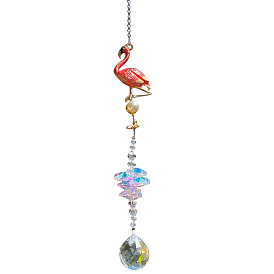 Alloy Enamel Flamingo Pendant Decorations, Teardrop Glass Suncatchers Hanging Ornament for Window Home Garden Decoration