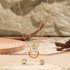 Минималистичный 201 комплект из двухслойного ожерелья и серег из нержавеющей стали с прозрачным кубическим цирконием для женщин