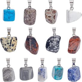 36Pcs 9 Style Natural & Synthetic Gemstone Pendants, with Stainless Steel Snap On Bails, Nuggets, Stainless Steel Color