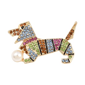 Alloy Rhinestone Dachshund Lapel Pin Brooches, with Imitation Pearl, Golden