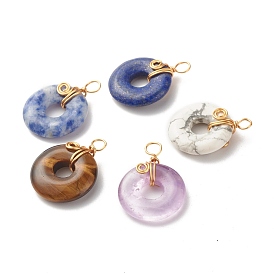 Natural Gemstone Pendants, with Real 18K Gold Plated Copper Wire Wrapped, Donut/Disc