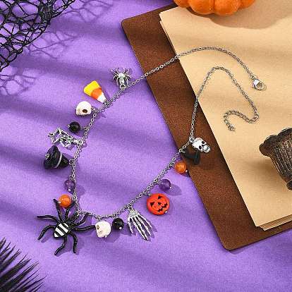 Collar babero de aleación con esqueleto de araña y colgante redondo de piedra preciosa natural para Halloween para mujer., con 304 cadenas de cable de acero inoxidable, plata antigua y el color de acero inoxidable