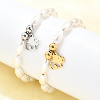 304 Браслеты из нержавеющей стали с подвесками в виде слона для женщин, с пластиковыми бусинами из искусственного жемчуга