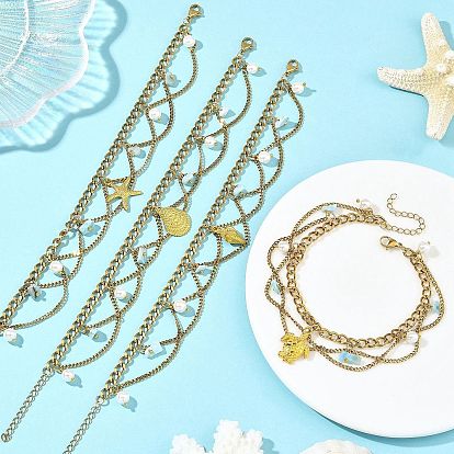 Bracelets de cheville d'été en alliage avec breloques animaux marins, 304 Bracelets de cheville à pompon en chaîne d'acier inoxydable avec éclat de larimar naturel, or