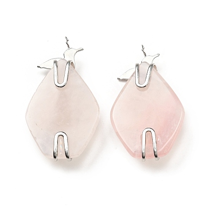 Natural Rose Quartz Pendants, Teardrop Charm, with Stainless Steel Color Bird and Sun 304 Stainless Steel Findings