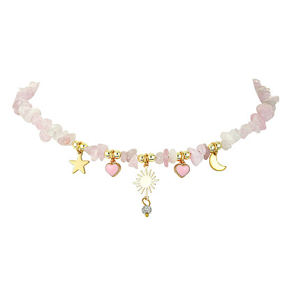 Alloy Enamel & 304 Stainless Steel & Brass Bib Necklace with Natural Rose Quartz Chip Beaded Chains, Star & Sun & Heart & Moon