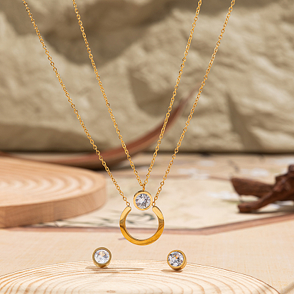 Минималистичный 201 комплект из двухслойного ожерелья и серег из нержавеющей стали с прозрачным кубическим цирконием для женщин