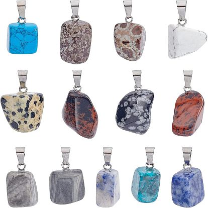 36Pcs 9 Style Natural & Synthetic Gemstone Pendants, with Stainless Steel Snap On Bails, Nuggets, Stainless Steel Color