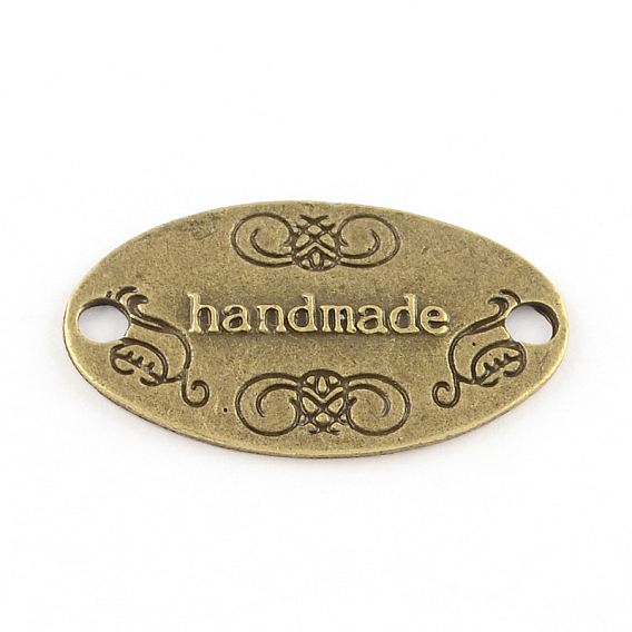 Tibetan Style Alloy Links, Lead Free, Oval with Word handmade, 31x18x1.5mm, Hole: 3mm, about 325pcs/1000g