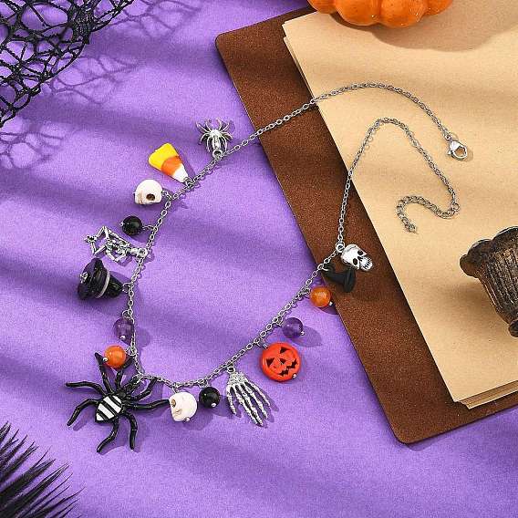 Halloween Alloy Spider Skeleton and Round Natural Gemstone Multi Pendant Bib Necklaces for Women, with 304 Stainless Steel Cable Chains, Antique Silver & Stainless Steel Color