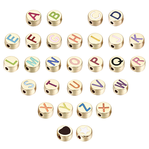 Alloy Enamel Beads, Cadmium Free & Lead Free, Flat Round with Initial Letters, Light Gold
