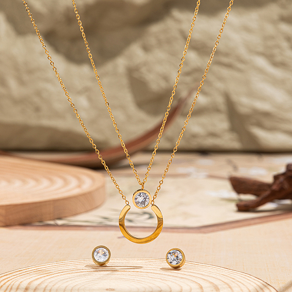 Минималистичный 201 комплект из двухслойного ожерелья и серег из нержавеющей стали с прозрачным кубическим цирконием для женщин