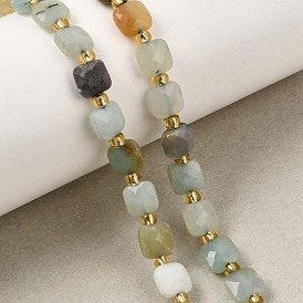 Natural Flower Amazonite Beads Strands, Faceted Square, with Seed Beads