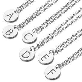 201 colliers pendentifs initiaux en acier inoxydable, avec des chaînes câblées, plat rond avec la lettre