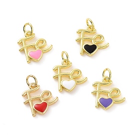 Rack Plating Brass Enamel Charms, with Jump Ring, Long-Lasting Plated, Real 18K Gold Plated, Cadmium Free & Lead Free, Word Fe with Heart