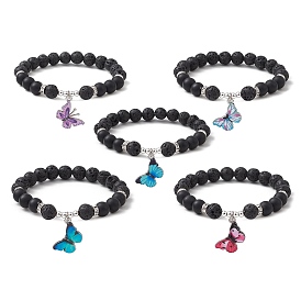 Natural Lava Rock & Black Agate Round Beaded Stretch Bracelet, with Butterfly Alloy Enamel Charms