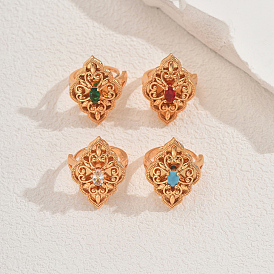 Элегантные геометрические полые латунные кольца с паве из кубического циркония, регулируемые для женщин, цветок, золотые