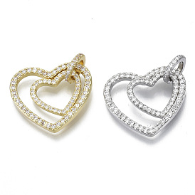 Brass Micro Pave Cubic Zirconia Pendants, with Tube Bails, for Valentine's Day, Nickel Free, Heart with Heart, Clear