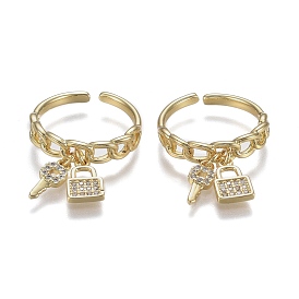 Adjustable Brass Micro Pave Clear Cubic Zirconia Cuff Rings, Open Rings, Long-Lasting Plated, Curb Chain Shape, Key & Lock