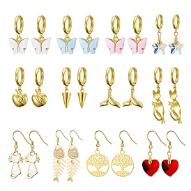 Brass Dangle Earrings & Huggie Hoop Earrings Sets, with Glass & Acrylic & Alloy Enamel & 304 Stainless Steel Pendants, Heart & Tree  of Life & Apple & Cat & Butterfly & Fishbone & Whale Tail Shape