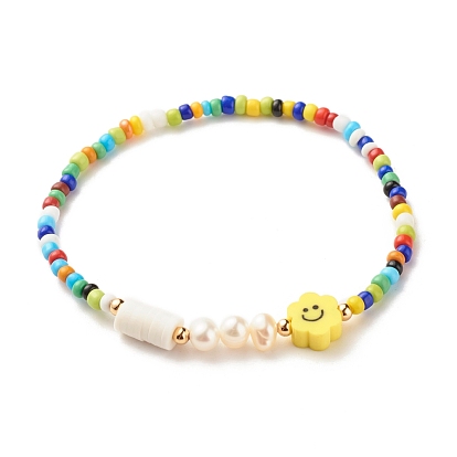 Beaded Stretch Bracelets, Polymer Clay Flower Beads, Natural Cultured Freshwater Pearl Beads, Glass Seed Beads