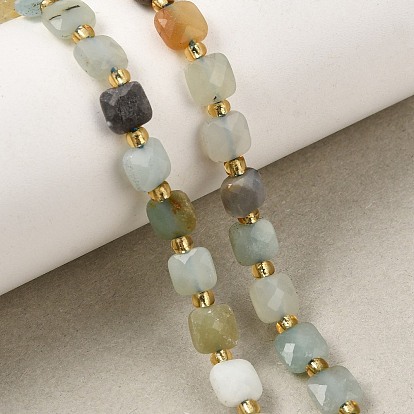 Natural Flower Amazonite Beads Strands, Faceted Square, with Seed Beads