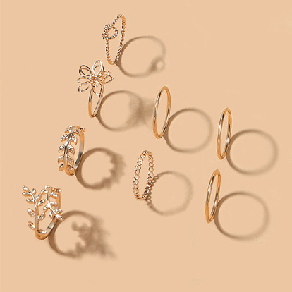 8Pcs 8 Style Heart & Leafy Branch & Flower Alloy Finger Rings Set for Women
