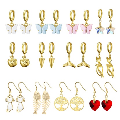 Brass Dangle Earrings & Huggie Hoop Earrings Sets, with Glass & Acrylic & Alloy Enamel & 304 Stainless Steel Pendants, Heart & Tree  of Life & Apple & Cat & Butterfly & Fishbone & Whale Tail Shape