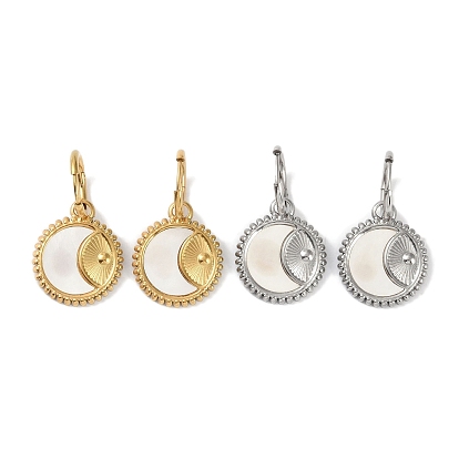 Flat Round with Moon 304 Stainless Steel Shell Stud Earrings, Dangle Earrings for Women