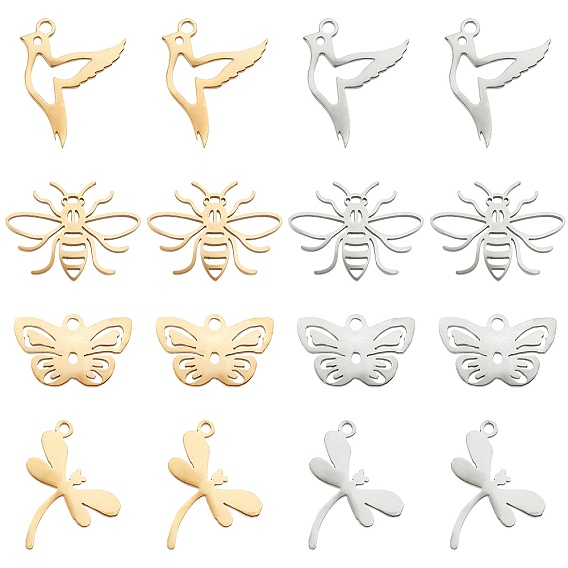 16Pcs 8 Style 201 Stainless Steel Pendants, Laser Cut, Mixed Shape