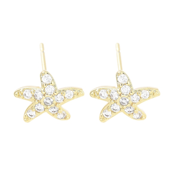 Серьга-гвоздик из латуни с прозрачным фианитом и паве, морская звезда