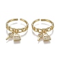 Adjustable Brass Micro Pave Clear Cubic Zirconia Cuff Rings, Open Rings, Long-Lasting Plated, Curb Chain Shape, Key & Lock