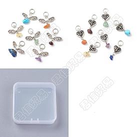 4 Sets 2 Styles Chakra Mixed Stone Chips Alloy Pendants, Antique Silver, Heart & Heart Wing Charms, Mixed Dyed and Undyed