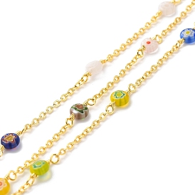 Handmade Millefiori Glass Lampwork Beaded Chains, Real 18K Gold Plated Brass Cable Chains, with Spool, Cadmium Free & Lead Free