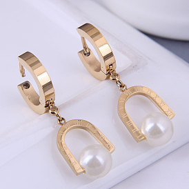 Pendientes elegantes de perlas de acero inoxidable para mujeres de oficina dulces y elegantes.