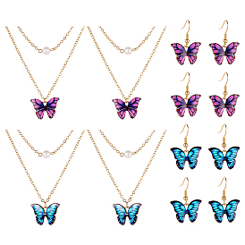 Комплект украшений в виде бабочки из легкого золотого сплава с пластиковой жемчужиной, 4 шт. 2 цветные эмалевые подвески-ожерелья и 4 пары 2 цветные серьги-подвески