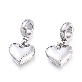 304 Stainless Steel European Dangle Charms, Large Hole Pendants, Heart