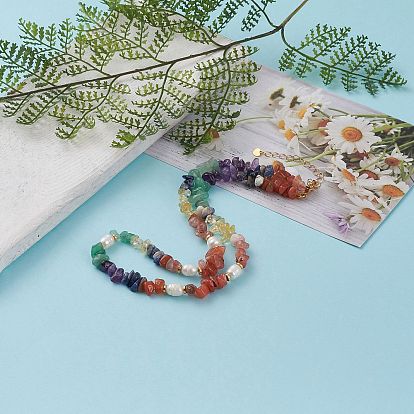 Чакра ювелирные изделия, чипсы натуральные драгоценные камни ожерелья из бисера, с натуральным жемчугом, распорные бусины из сплава и 304 застежки из нержавеющей стали «лобстер», золотые