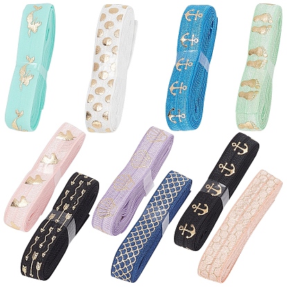 20 Yards 10 Style Polyester Elastic Ribbon, Flat with Gold Pattern, for Gift Decoration, Garment Accessories