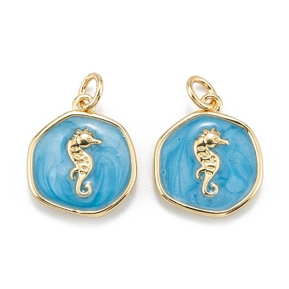 Brass Enamel Pendants, with Jump Rings, Long-Lasting Plated, Flat Round with Sea Horse, Deep Sky Blue