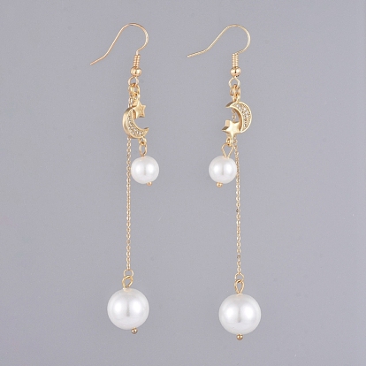 Dangle Earrings, with Glass Pearl Round Beads, Brass Micro Pave Cubic Zirconia Links, Brass Cable Chains and Earring Hooks, with Cardboard Packing Box, Moon and Star