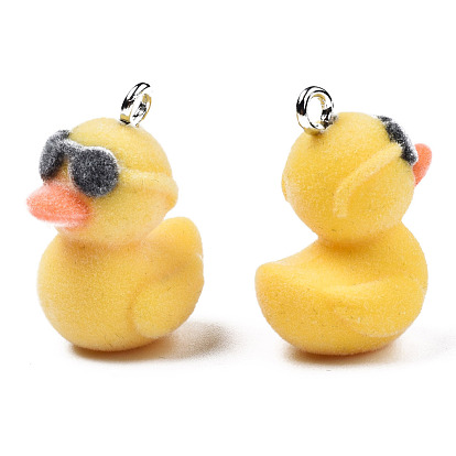 Flocky Resin Pendants, with Platinum Plated Iron Loops, Duck with Glasses