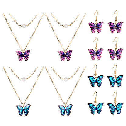 Комплект украшений в виде бабочки из легкого золотого сплава с пластиковой жемчужиной, 4 шт. 2 цветные эмалевые подвески-ожерелья и 4 пары 2 цветные серьги-подвески