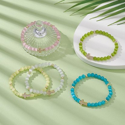 Glass Cat Eye Beaded Bracelets, Brass Micro Pave Cubic Zirconia Cross Bracelet for Women