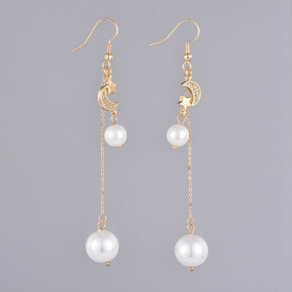 Dangle Earrings, with Glass Pearl Round Beads, Brass Micro Pave Cubic Zirconia Links, Brass Cable Chains and Earring Hooks, with Cardboard Packing Box, Moon and Star