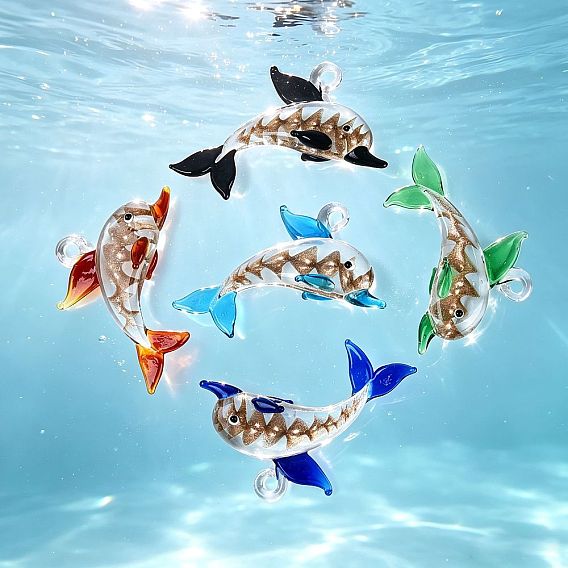 Handmade Gold Sand Lampwork Pendants, Dolphin Charms
