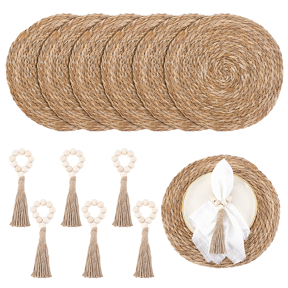 Round Natural Wood Beaded Napkin Rings, with Jute Tassel & Grass Heat Insulation Coasters, Table Napkin Holder Adornment, for Wedding Banquet Birthday Party Dinner Table Decorations