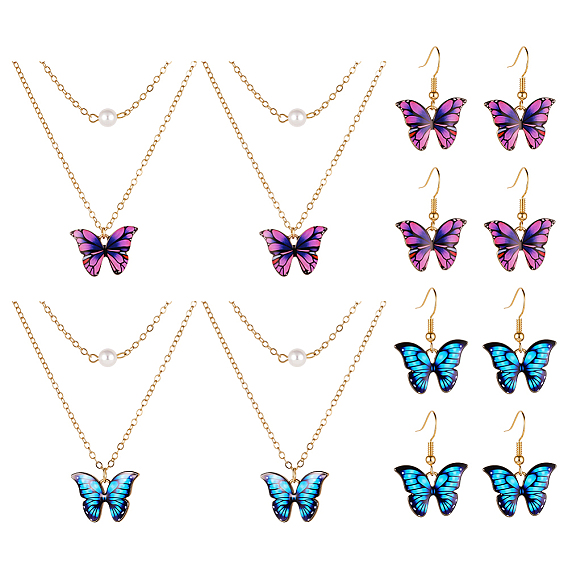 Комплект украшений в виде бабочки из легкого золотого сплава с пластиковой жемчужиной, 4 шт. 2 цветные эмалевые подвески-ожерелья и 4 пары 2 цветные серьги-подвески