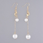 Dangle Earrings, with Glass Pearl Round Beads, Brass Micro Pave Cubic Zirconia Links, Brass Cable Chains and Earring Hooks, with Cardboard Packing Box, Moon and Star